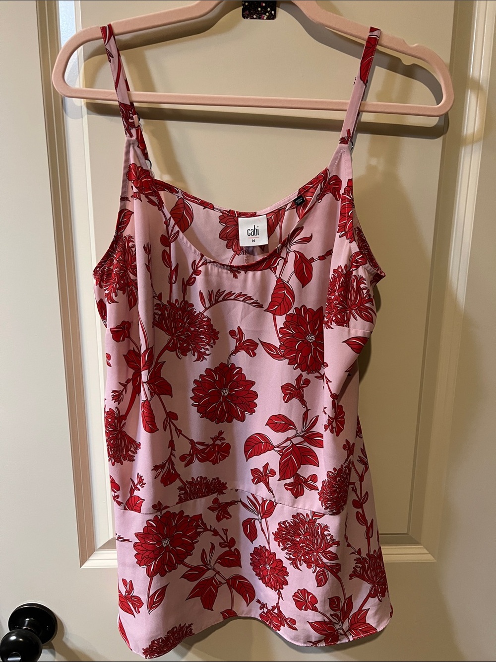 CAbi Pink Slip Tank with Red Floral Pattern H058